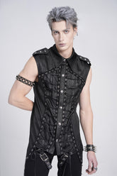 Black Sleeveless Studded Lace-Up Men's Gothic Blouse